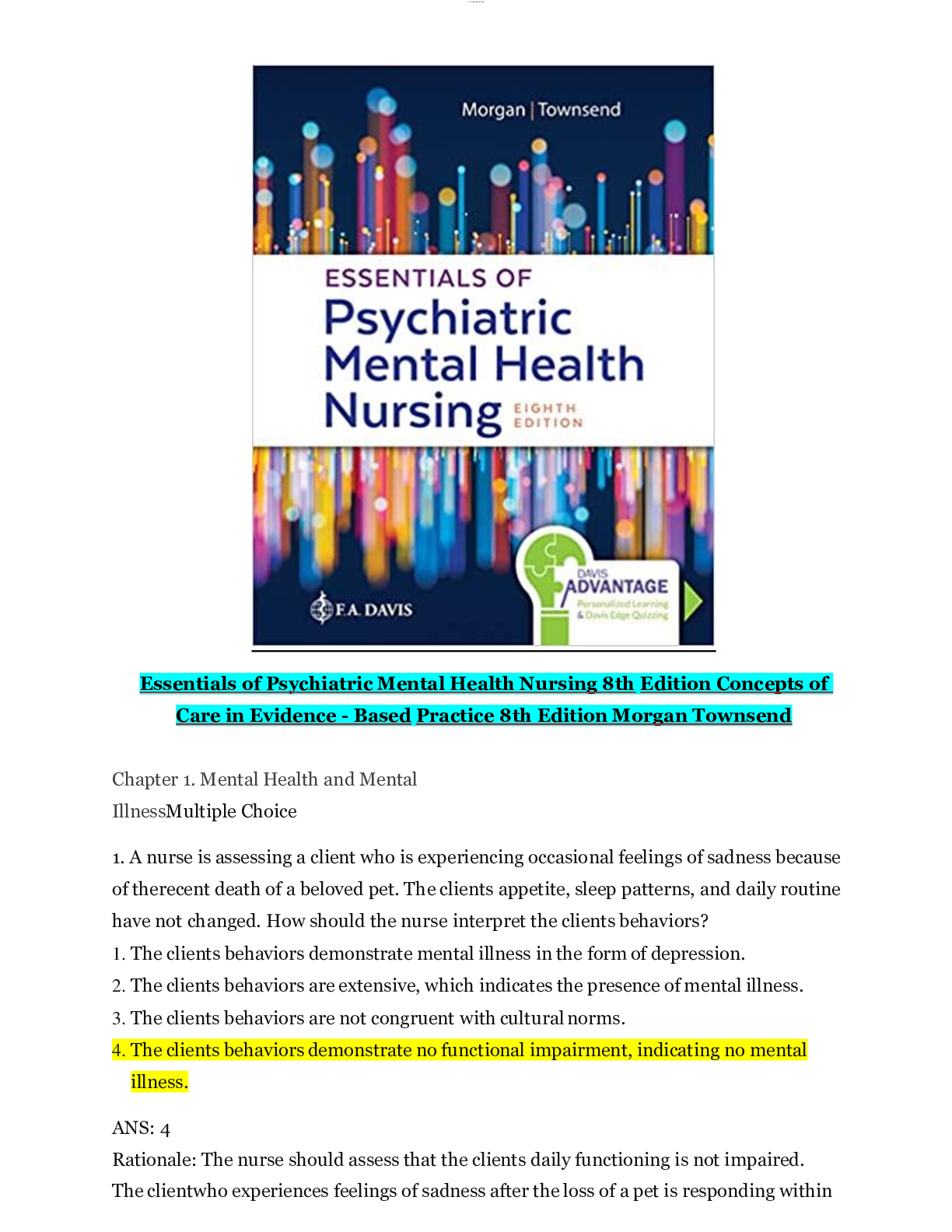 Preview image for Essentials of Psychiatric Mental Health Nursing 8th Edition Concepts of  Care in Evidence - Based Practice 8th Edition Morgan Townsend